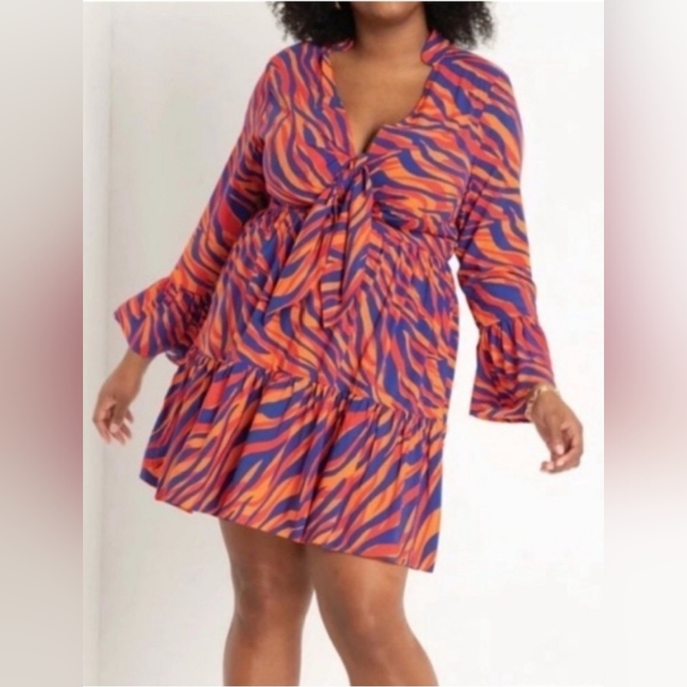 Eloquii Red Orange & Blue Zebra Print Tie Front Dress